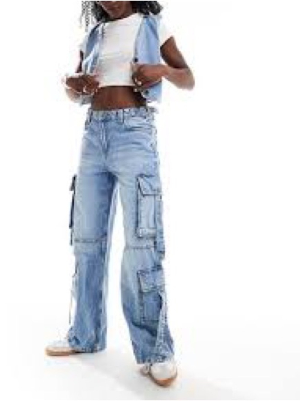 Bershka Light Blue Stonewash Wide-Leg Cargo Jeans